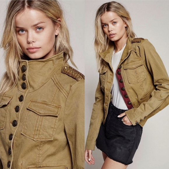 Free People Military Jacket Shrunken Officer Gold Beaded Epaulettes Size S - Picture 1 of 13